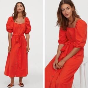 H&M red puff sleeve midi dress size xxs